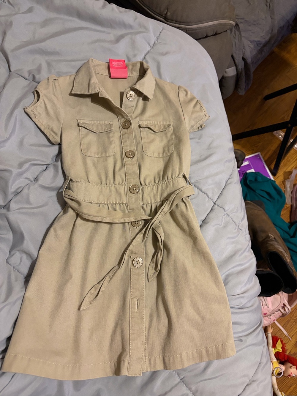 Short-Sleeve Tie-Waist Shirt Dress for Kids in Beige